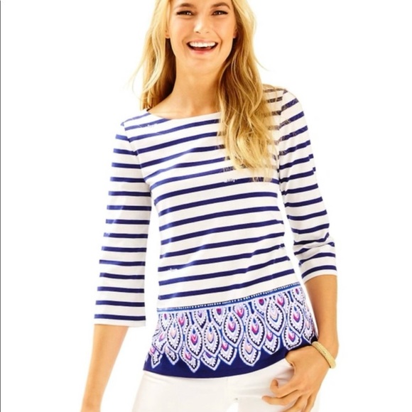 Lilly Pulitzer Waverly Top in Bright Navy Serene Stripe